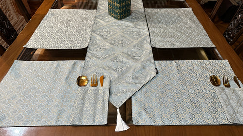 Heritage Jacquard Ice Blue and Gold Table Set