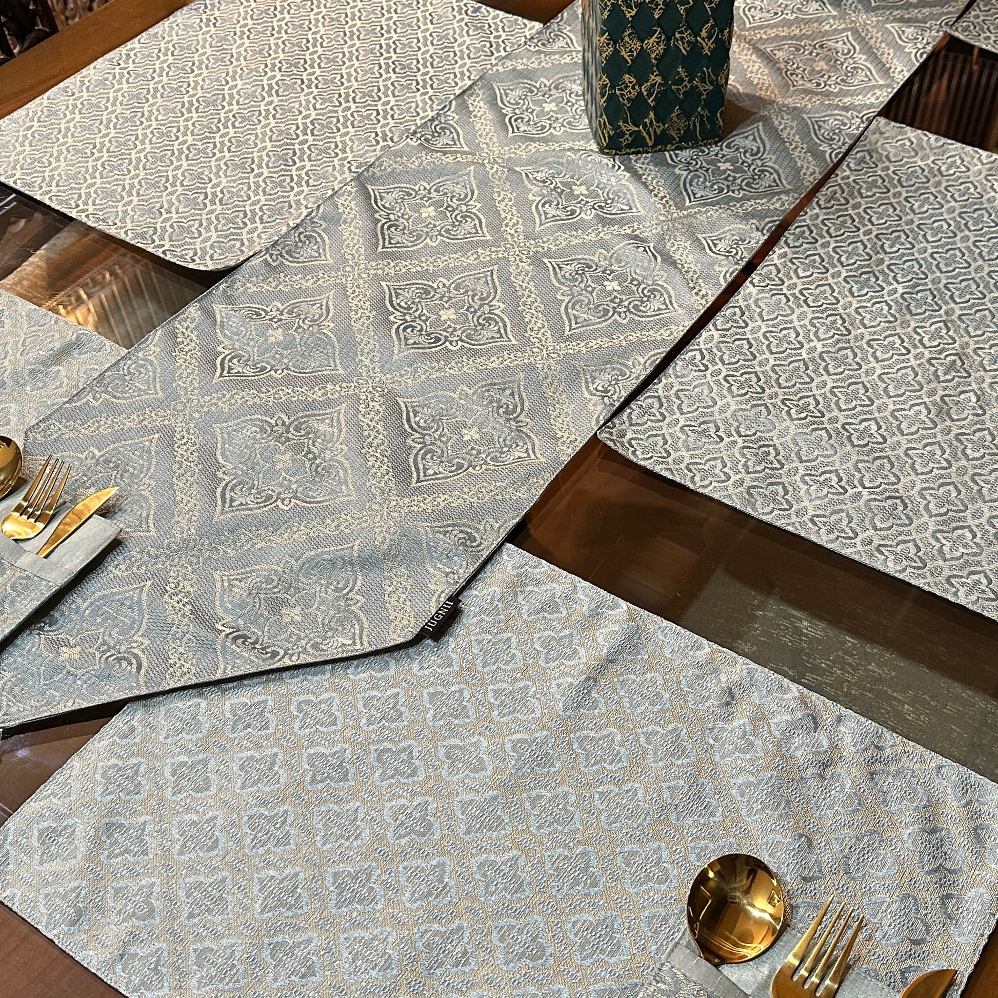 Heritage Jacquard Ice Blue and Gold Table Set